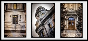 This triptych depicts the essence of the growing culture of the City of Winnipeg during the late 19th century. The historic and stoic entrance of the Winnipeg Law Courts building emits a sense of strength. The turret above portrays justice with its view points overlooking the land to the North, South, East and West. The Land Titles entrance emits grace and style giving settlers a sense of honor as they approach these grand doors applying for  land titles.
